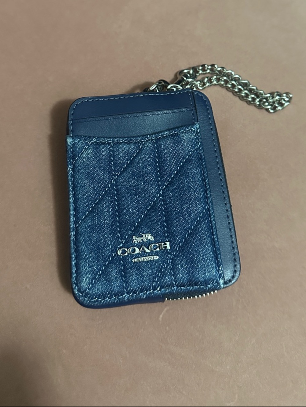 Brand New Coach Denim Quilted Card & Key Holder with Silver Chain
